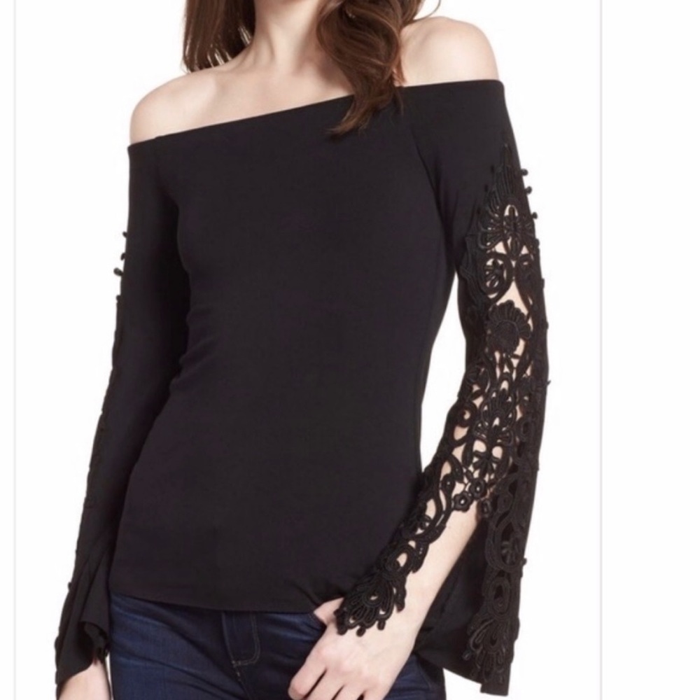Revolve Black Lace Appliqué Off-the-Shoulder Top $178 MSRP